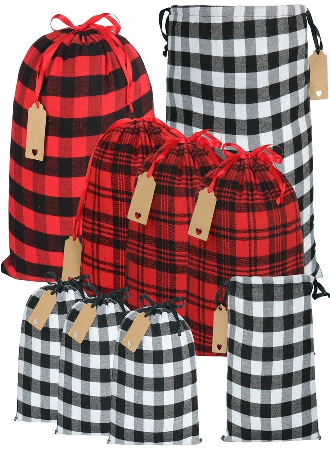 YQL Buffalo Plaid Drawstring Bags, 9Pcs Soft Flannel Christmas Gift Bags Assorted Sizes Xmas Fabric Bags Reusable Gift Bags for Package Birthday Holiday Party(Red&Black) - Image 1